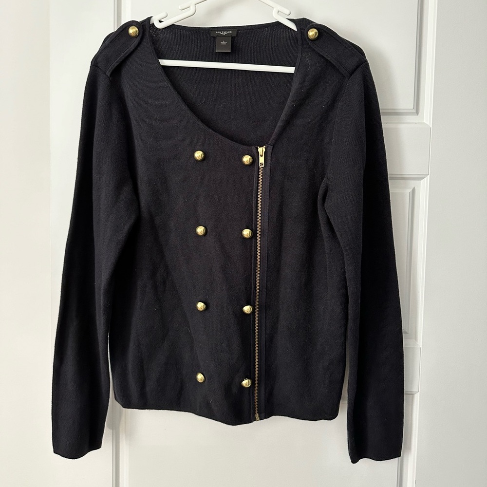 Vintage Ann Taylor Sweater Jacket Black with Gold Buttons and Zipper GUC
